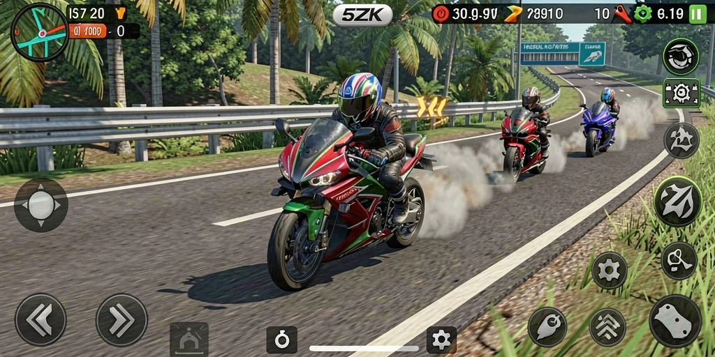 Tampilan gameplay 5ZK dengan balapan motor yang seru di jalur penuh tantangan.