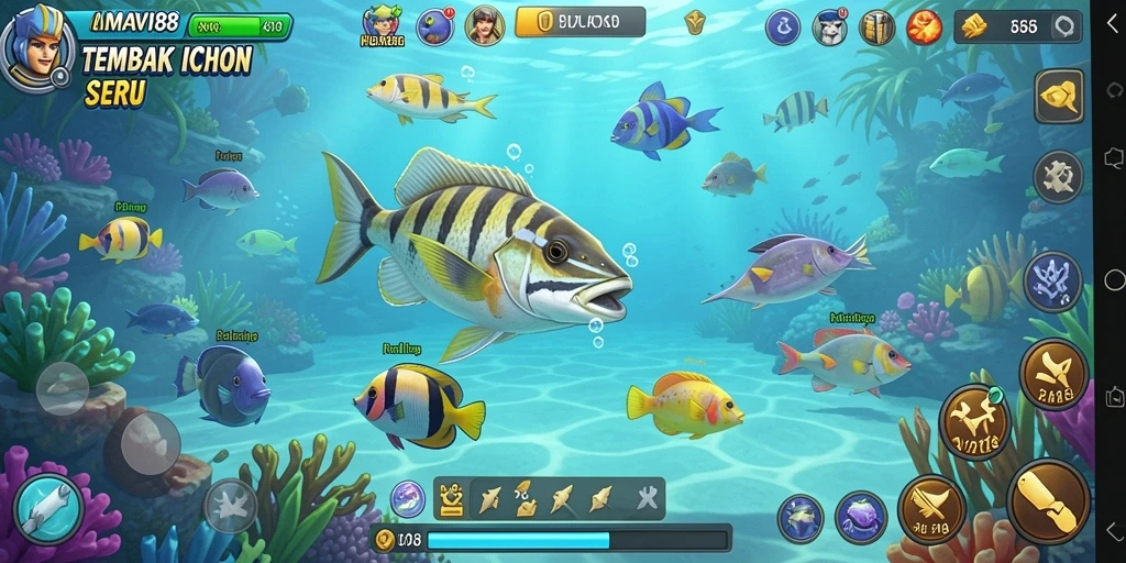 Tampilan gameplay seru di AMAVI88 dengan berbagai ikan berwarna-warni.