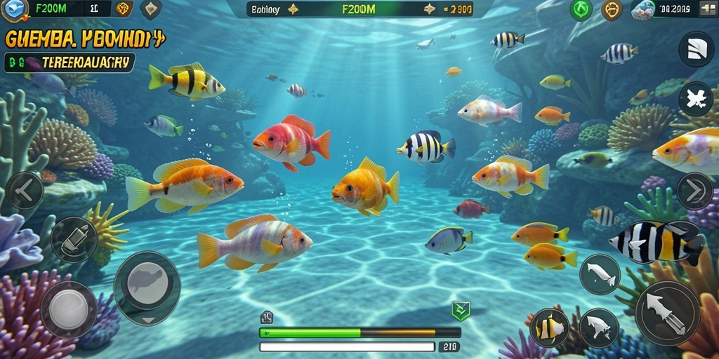 Screenshot utama F200M menampilkan aksi menembak ikan yang seru.