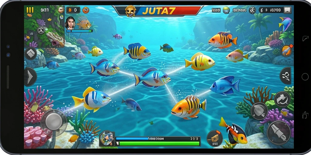 Tampilan gameplay seru dari JUTA7 dalam menangkap ikan.