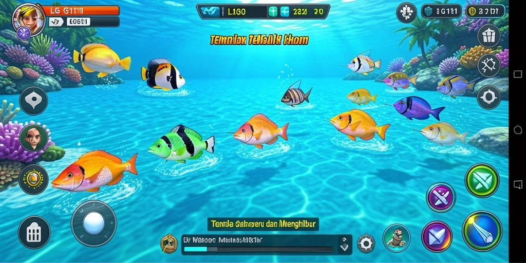 Screenshot menunjukkan gameplay menangkap ikan yang menarik dan penuh warna.