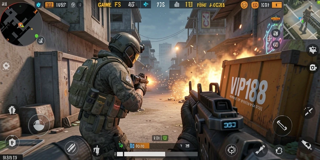 Menampilkan aksi seru dalam game FPS VIP188.
